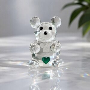 Vintage Crystal Teddy Bear Figurine Green Heart Mini Glass Paperweight